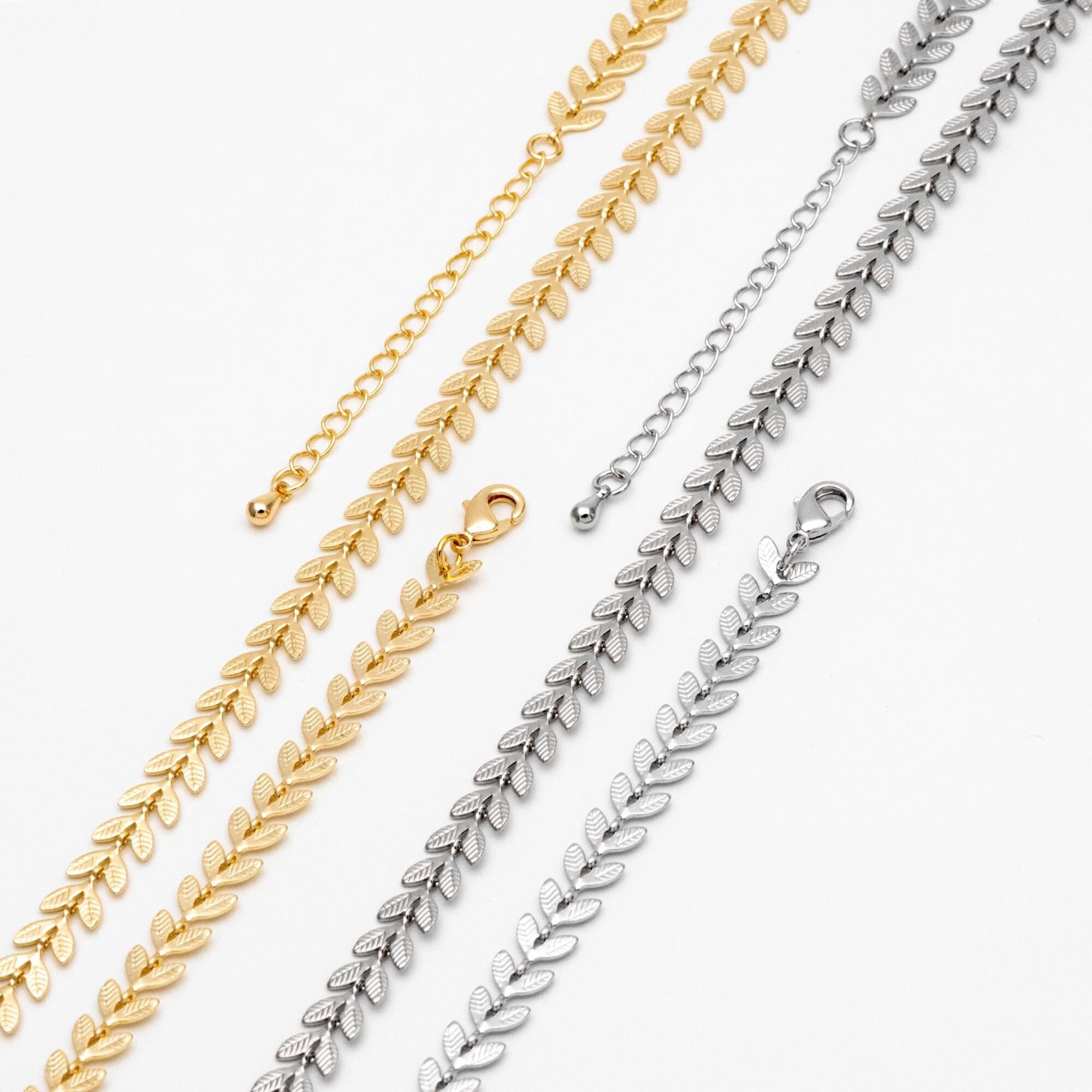 Gold/ Rhodium plated Brass Chevron Leaf Chain 6.3mm, Finished Bracelet/ Anklet/ Necklace with Extender Chain, Ready to Wear (#LK-153)